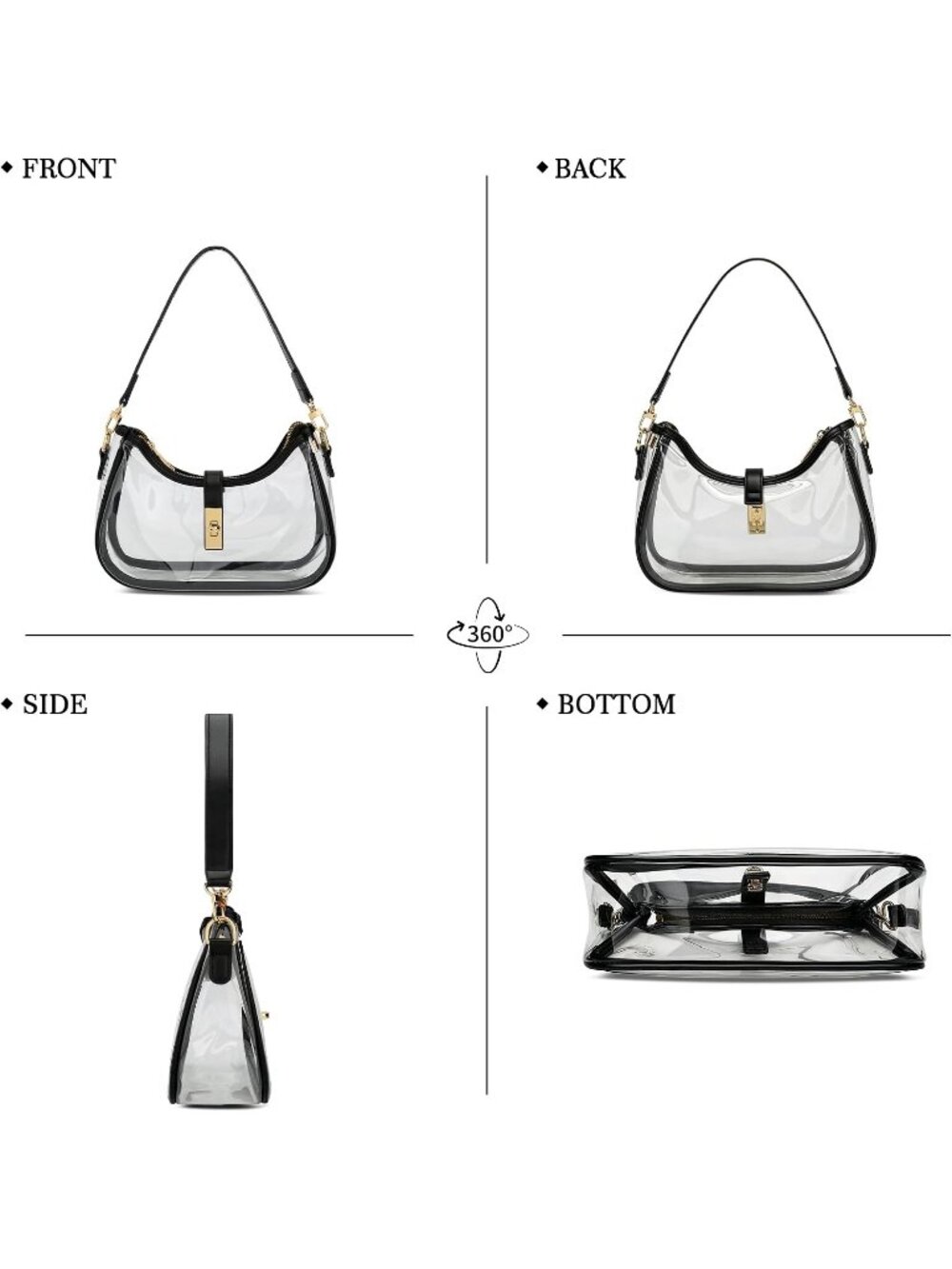 Women's White Black Vegan Leather Hobo Gold Buckle Retro Shoulder Crossbody Bag - Picture 5 of 6